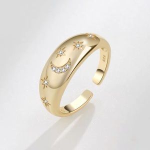 🌙🌟Vermeil Gold Dome Ring sterling silver Star Moon Ring Zircons